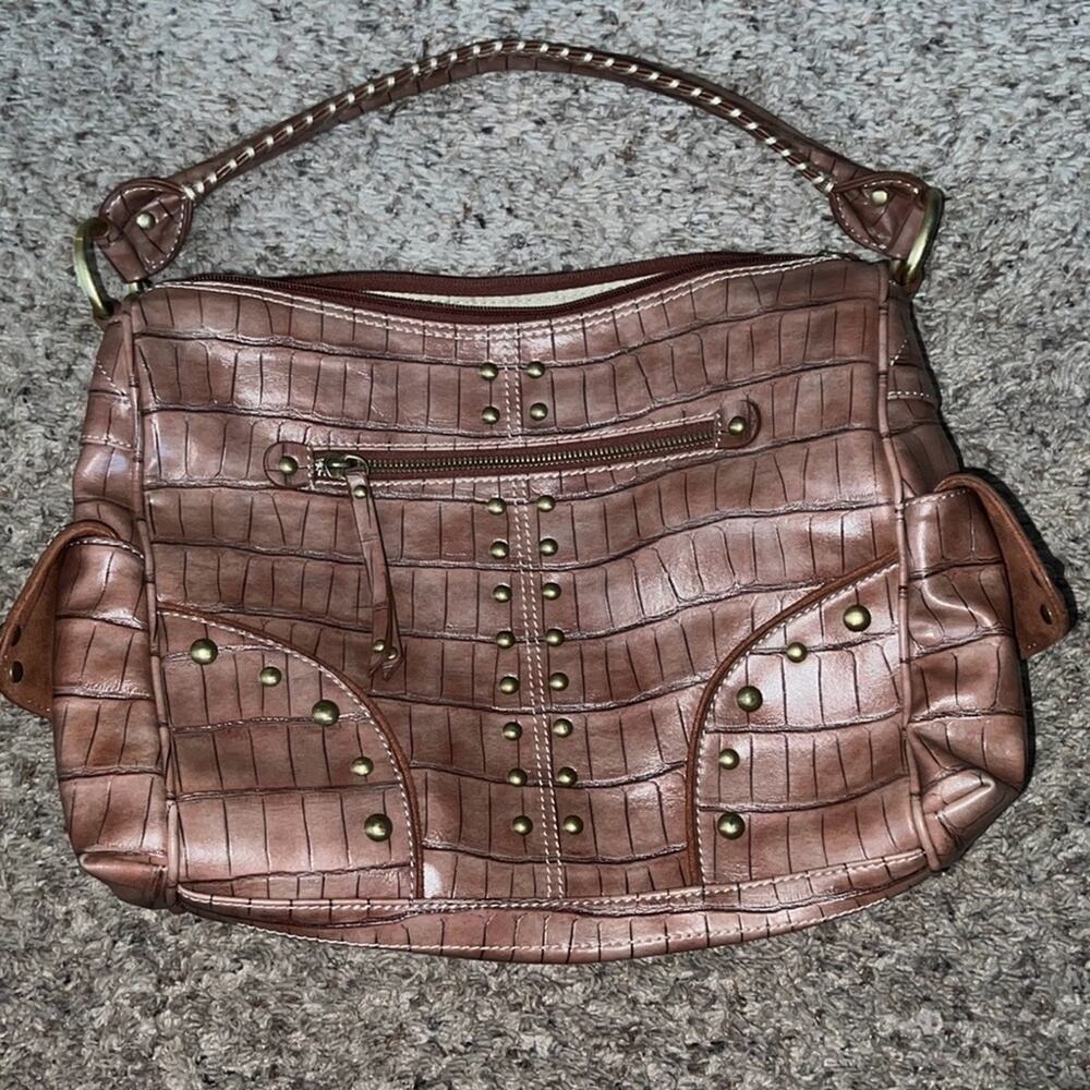 Pritzi boho western style handbag studded croc-embossed brown